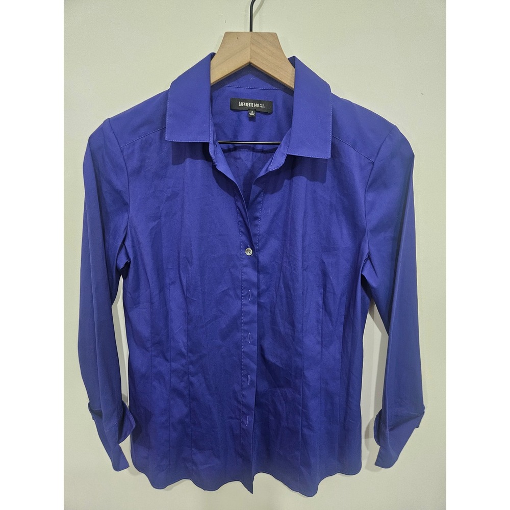 Lafayette 148 New York Size 4 Cobalt Blue Stretch Cotton Button Down Shirt
